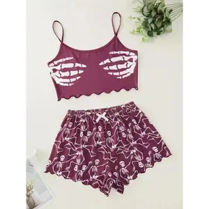 Women's Halloween Pumpkin Print Vest Top & Shorts Pajama Set, Fun and Comfortable Sleepwear for Parties or Cozy Nights at Home