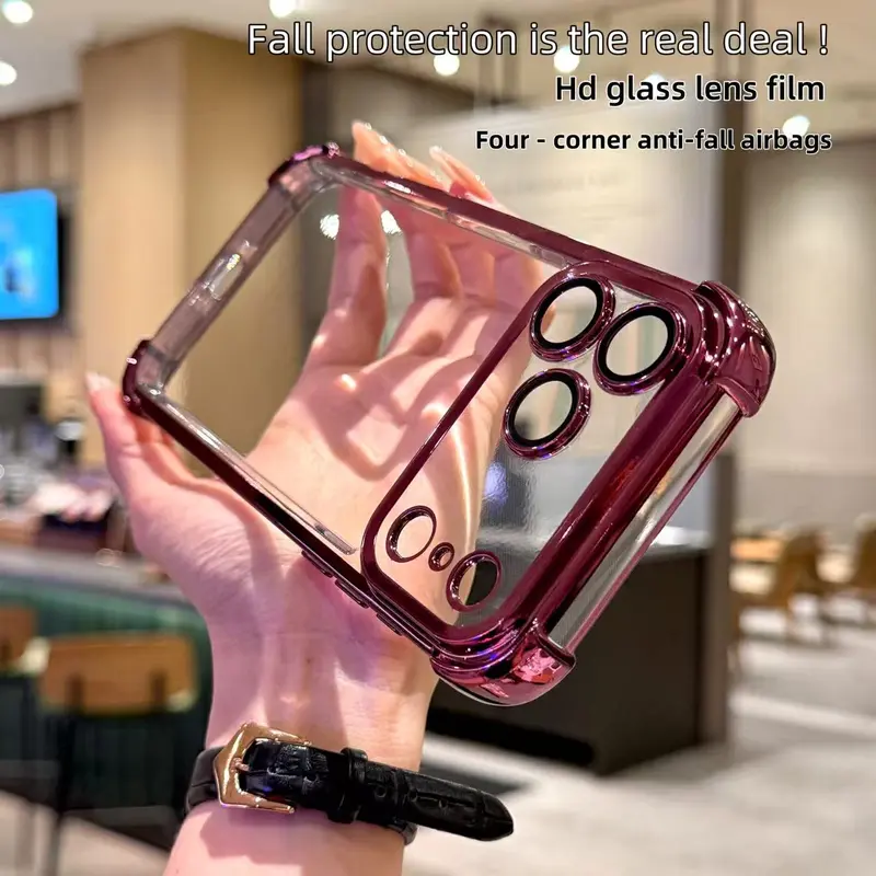 Transparent Electroplated Frame Polycarbonate Cellphone Case - 4-Corner Anti-Fall with Safety Pad, Sturdy Thick Protection Accessories for iPhone 11–18 Pro Max, 12–16 Plus Devices