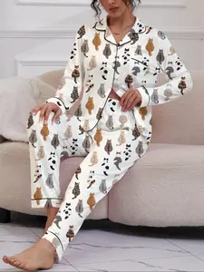 Women's Cute Cat Print Pajama Set, Long Sleeve Lapel Cardigan & Elastic Pants, Casual Fall Winter Sleepwear, Comfortable Home Wear, Matching Pj Set