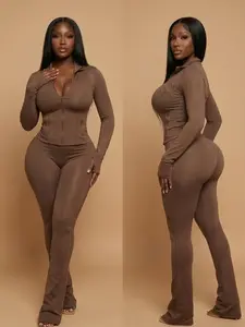 Sculpt Touch Women Two Piece Flare Pants Set Slim Fit Zip Up Long Sleeve Top High Stretch Body Shaping Tracksuit Casual Gym Yoga Lounge Outfit