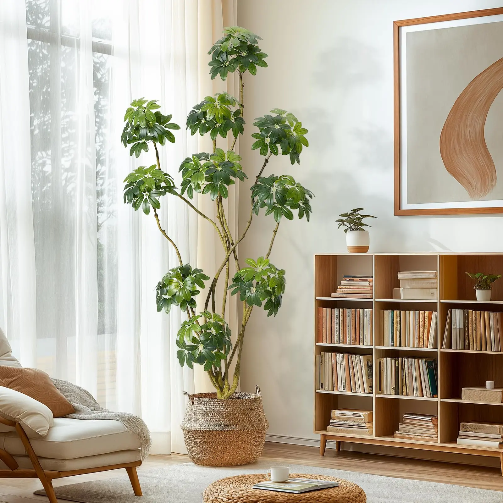 Realistic Artificial Schefflera Tree – Multi-Trunk Faux Umbrella Floor Plant with Natural Wood Trunks in White Decorative Planter, Maintenance-Free Home, Office, Living Room Decor