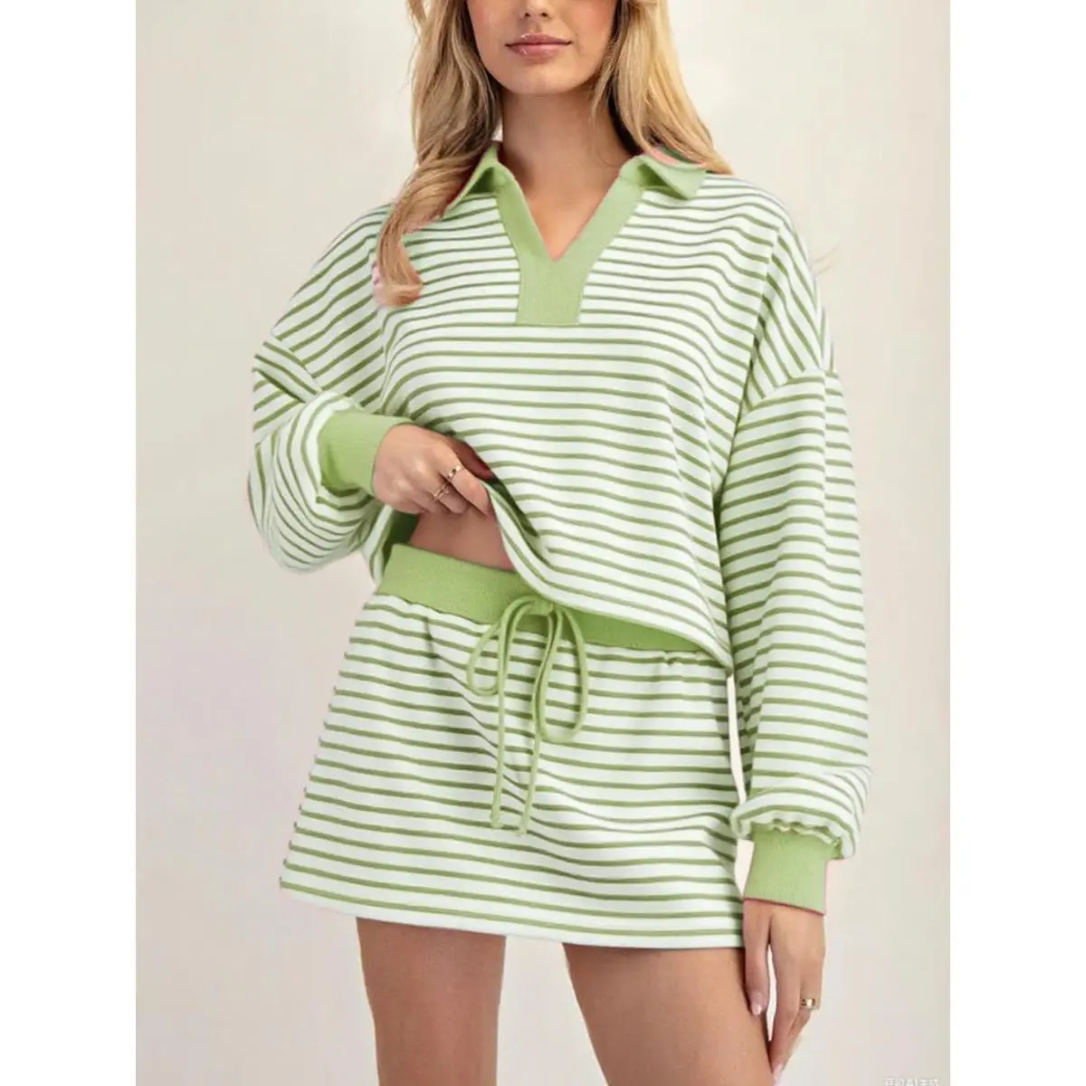 NEW(New)Women's Fashion Casual Striped Knit Top & Drawstring Waist Skirt Set, Loose Fit Home Wear, Comfortable Two-Piece(Gift)11