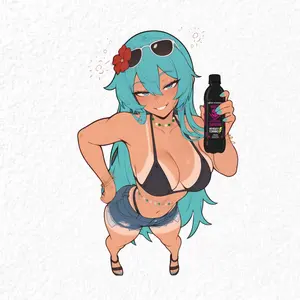 Teal Hair Summer Anime Girl Sticker, Beach Style Character Decal for Laptop Water Bottle