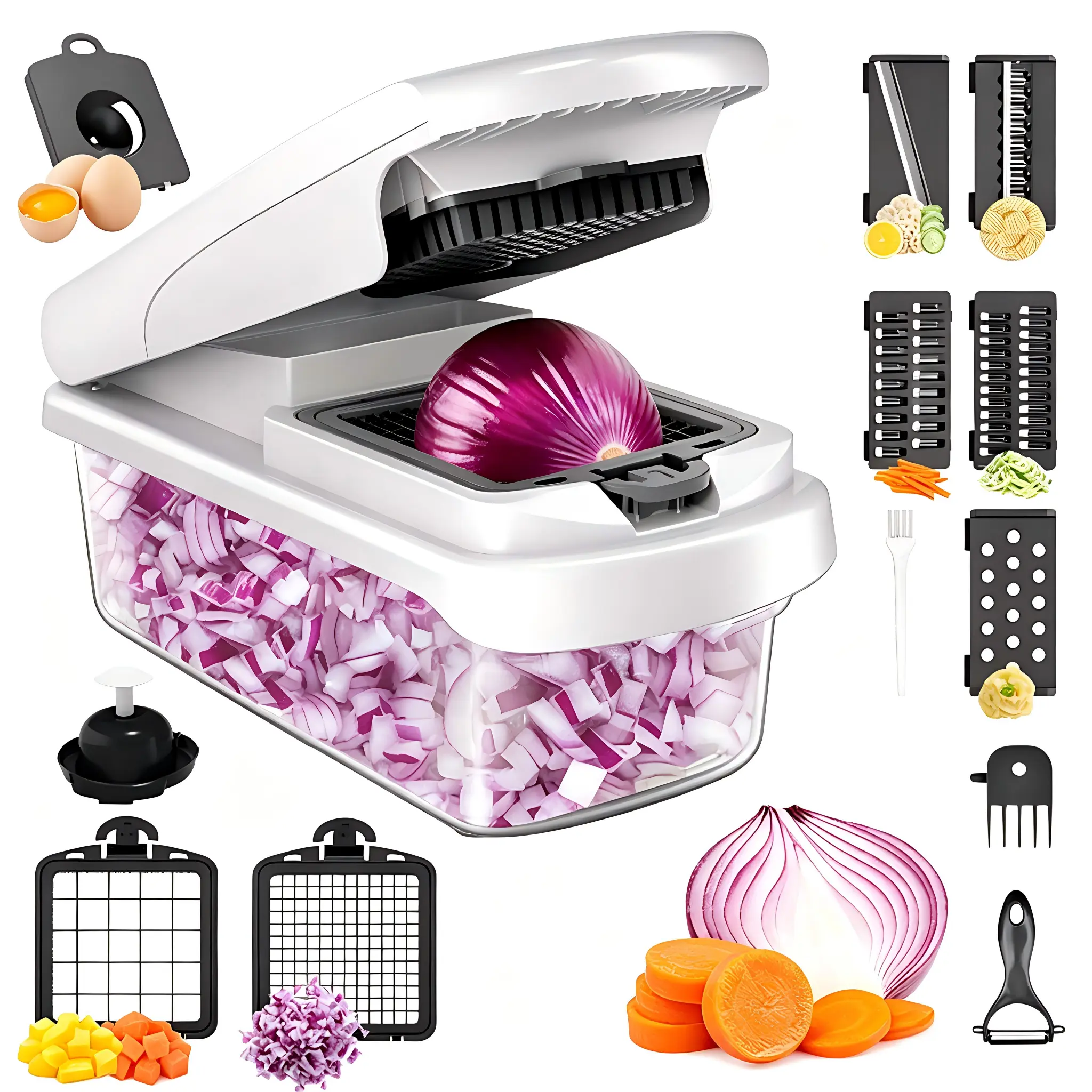 15-in-1 All Purpose Food Chopper - Onion Veggie Slicer, Cutter, Grater - Everyday Use Household Kitchen Essential Tool with Storage Box
