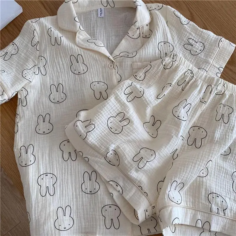 Sleepwear Kawaii Rabbit Loose Fit Lightweight Breathable Short Sleeve & Short Pant Pajama Set Cartoon Loungewear Outdoor