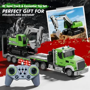 RC Semi Truck & Excavator Toy Set, 1:12 Removable and Rechargeable Remote Control Flatbed Trailer Truck with Lights & Sound, 2.4GHz RC Construction Vehicles for Kids,Surprise Gift, Parent-Child Interaction