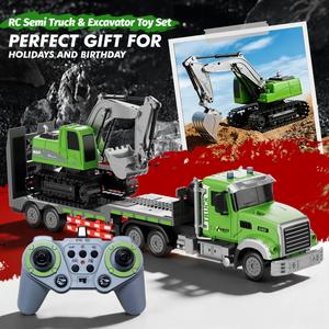 RC Semi Truck & Excavator Toy Set, 1:12 Removable and Rechargeable Remote Control Flatbed Trailer Truck with Lights & Sound, 2.4GHz RC Construction Vehicles for Kids,Surprise Gift, Parent-Child Interaction