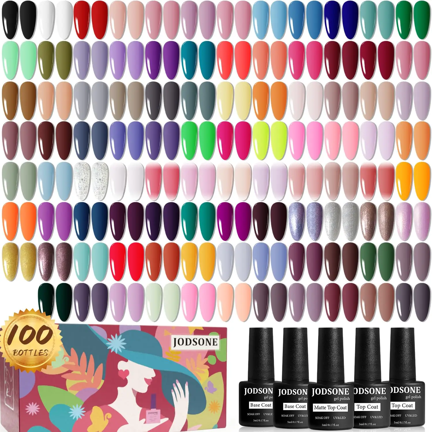 JODSONE 100 PCS Gel Nail Polish Kit No Wipe Soak off Base Coat and Matte Glossy Top Coat Gel Polish Collections Gifts for Manicure Lovers