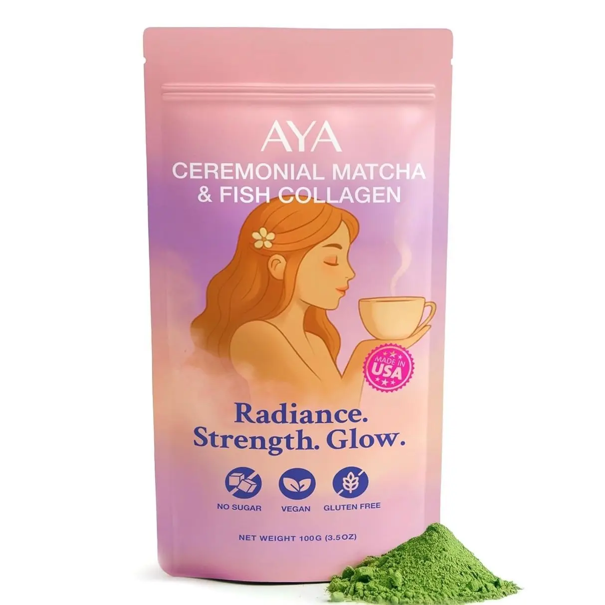 Aya Matcha Organic Ceremonial Grade Matcha Powder with Marine Collagen – Premium Matcha Green Tea for Women – Sugar Free Matcha Latte Mix – Keto Matcha Collagen Protein Powder for Lattes & Smoothies