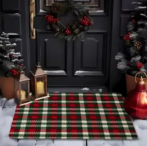 Christmas Door Mat Vintage Scottish Plaid Rug, American Retro Farmhouse Style Tribal Floor Mat, Holiday Home Decor Carpet, Checkered Outdoor Rug