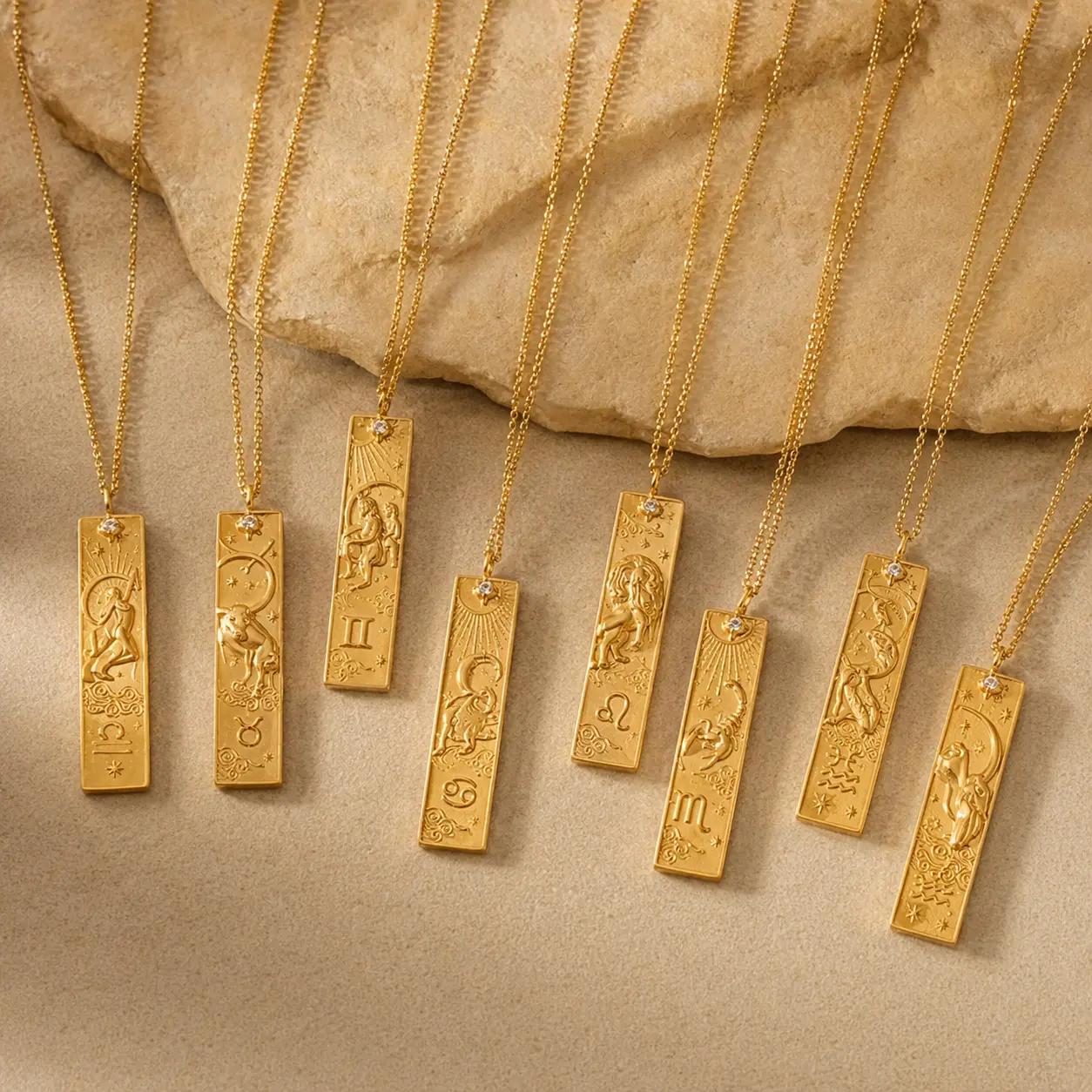 Gold-Tone Stainless Steel Zodiac Necklace, Rectangular Bar Pendant with Raised Aries-Pisces Relief & Clear Accents, 45+6cm Beaded Chain, Astrology Costume Jewelry Gift for Daily Wear
