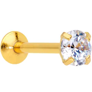 18 Gauge 5/16 CZ Gem Gold PVD 3mm Threadless Push In Labret Tragus