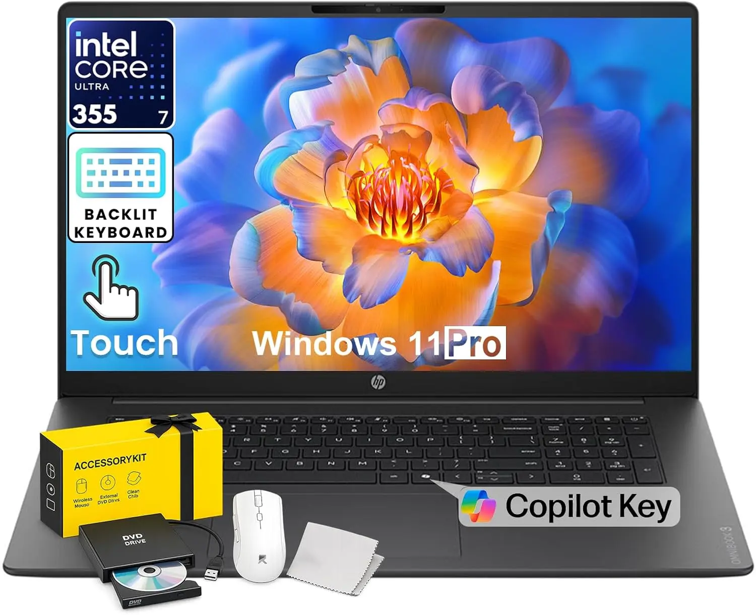 HP OmniBook 3 17.3" Touchscreen AI Business Laptop, 16GB DDR5 RAM, 1TB SSD,Backlit Keyboard, Wi-Fi 7, Thin & Lightweight, Windows 11 Pro