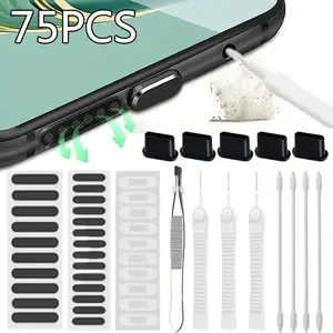 75pcs/pack Mobile Phone Charging Port Camera Cleaning Kit for iPhone, iPad, IOS, Samsung, Xiaomi C-Type Speaker Dustproof Mesh Stickers Cleaning Set