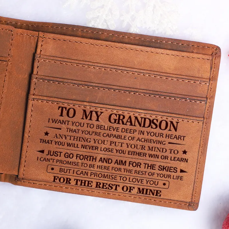 DUJO Wallet Gifts from Grandma & Grandpa to Grandson, Classic Genuine Cow Leather Men's Wallet, Personalized Engraved Birthday Present for Grandson, College Back To School Gift for Teen Grandson, Sentimental Holiday Christmas Gift for Grandchildren