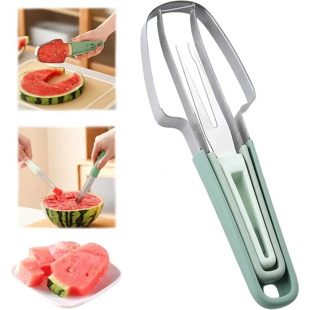 3-in-1 Design Multifunctional Stainless Steel Watermelon Cutter Slicer Set - Portable, Compact, Reusable Fruit Tool with Popsicle Cutter, Melon Baller, Fork for Family Home Potluck, Picnic Kitchen Gadgets, Stackable