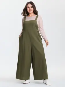 BLOOMCHIC Plus Size Cotton Smooth Garment Overalls - Sleeveless Wide Leg Jumpsuit, Loose Fit, Pockets, Sizes, [M-6X]2026 Summer Vibes Green Women Swimweek