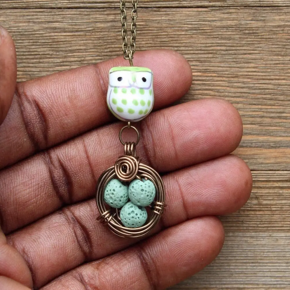 Green Owl Necklace, Diffuser Necklace, Bird's Nest Necklace, Lava Bead Necklace, Aromatherapy Necklace, Gift For Mom.