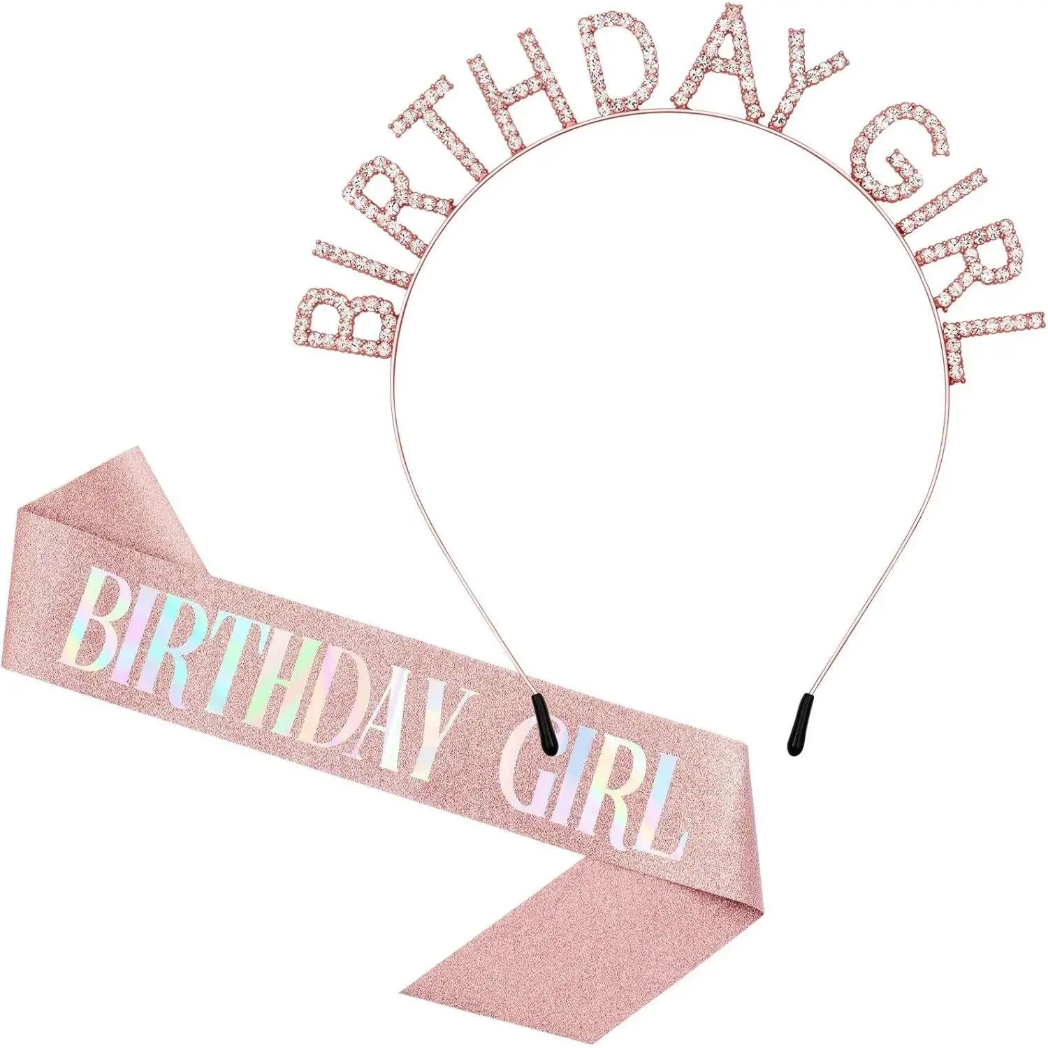 Birthday Crowns for Women, Rose-Gold Birthday Girl Sash & Birthday Tiara for Women Set, Sweet Happy Birthday Accessories
