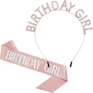 Birthday Crowns for Women, Rose-Gold Birthday Girl Sash & Birthday Tiara for Women Set, Sweet Happy Birthday Accessories