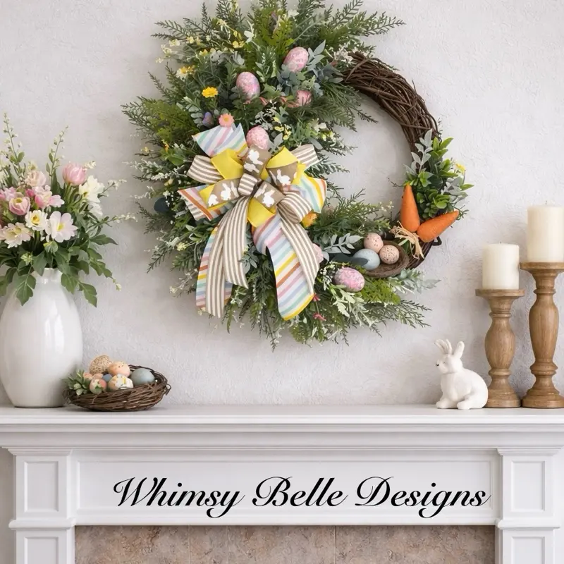 Easter Spring Wreath with Pastel Eggs Carrots and Colorful Bow for Festive Home Decor