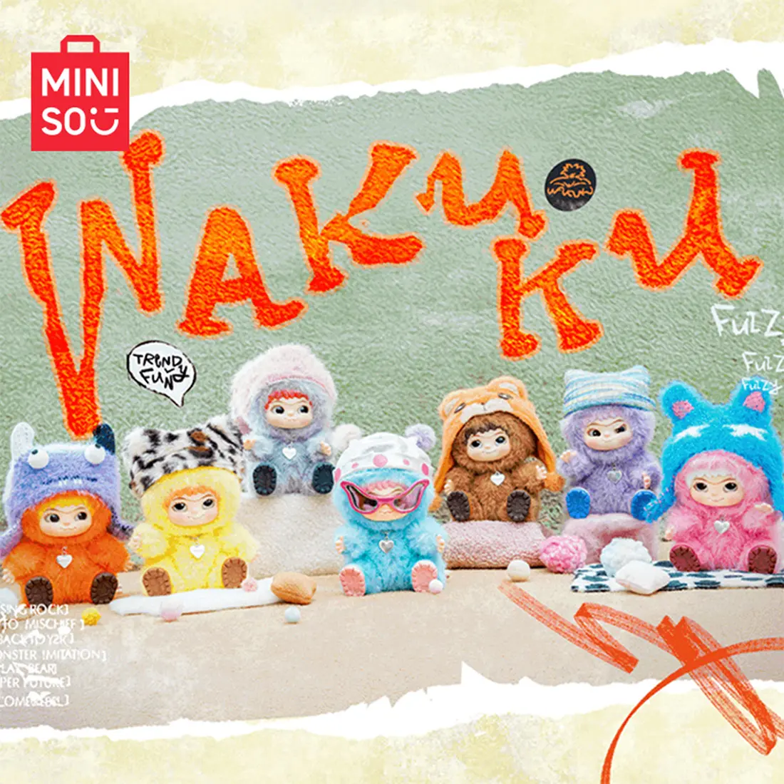 Wakuku Fuzzy Trendy Party Series Blind Box Keychain - Soft Vinyl & Furry Plush Figure, Blind Bag Unboxing Item, Squishy Keychain, High-Quality Collectible Toy Bag Charm for Kids & Stylish Collectors