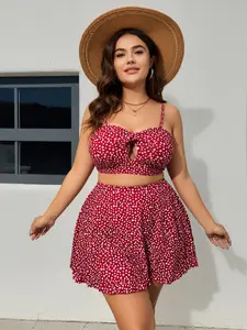 Women's Curvy Plus Size Tummy Contro Two Piece Swim Dress Set | Twist Front Cutout Ruffle Hem l Red Ditsy Floral Modest Beach Swimwear