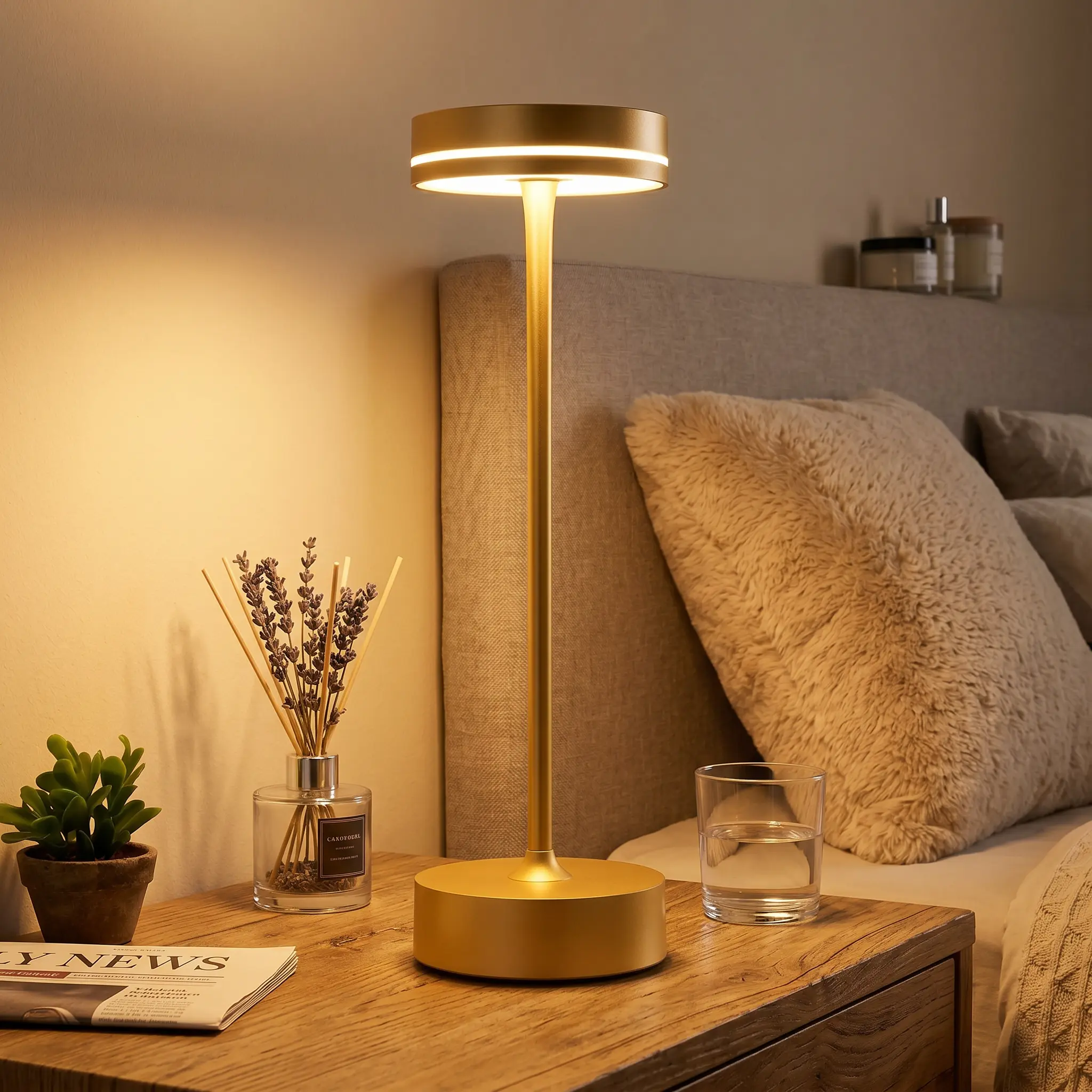 Premium Aluminum Gold Cordless Table Lamp, 5000mAh Battery, Up to 50H Runtime, Touch Control 3-Color Stepless Dimming, Auto-Memory Function, Minimalist Stylish Bedside Lamp for Bedroom Nightstand Home Decor