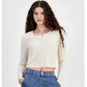 Celebrity Pink Women's Light Soft Knitting Chic Cropped Cardigan - Button-Front, Lettuce Trim Knit Tops, Casual Sweater for Pairing with Jeans