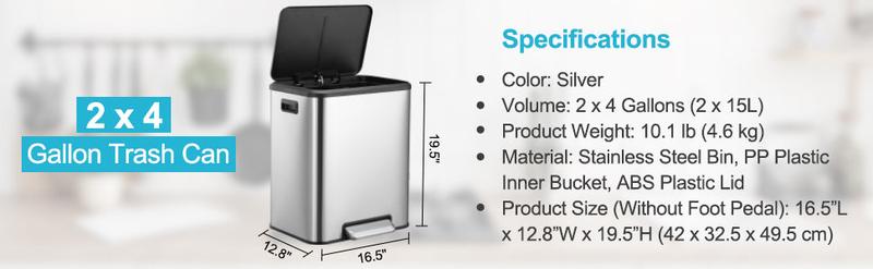 【Restock Sale】GARVEE 2x4 Gallon Kitchen Dual Trash Can and Recycling Bin Stainless Steel Removable Inner Bin and Soft Close Lid for Home Office Business Silver