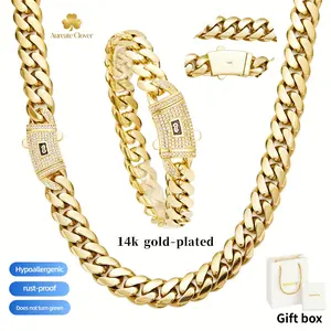 Set "14K Gold-Plated Miami Cuban Necklace & Bracelet Set, Unisex Hip-Hop Style Jewelry, 6/8/10/12/14mm Thickness, Waterproof, Scratch & Rust-Resistant, Hypoallergenic – Includes Gift Box Ideal for Parties & Everyday Wear"-valentine's day gifts men jewelry