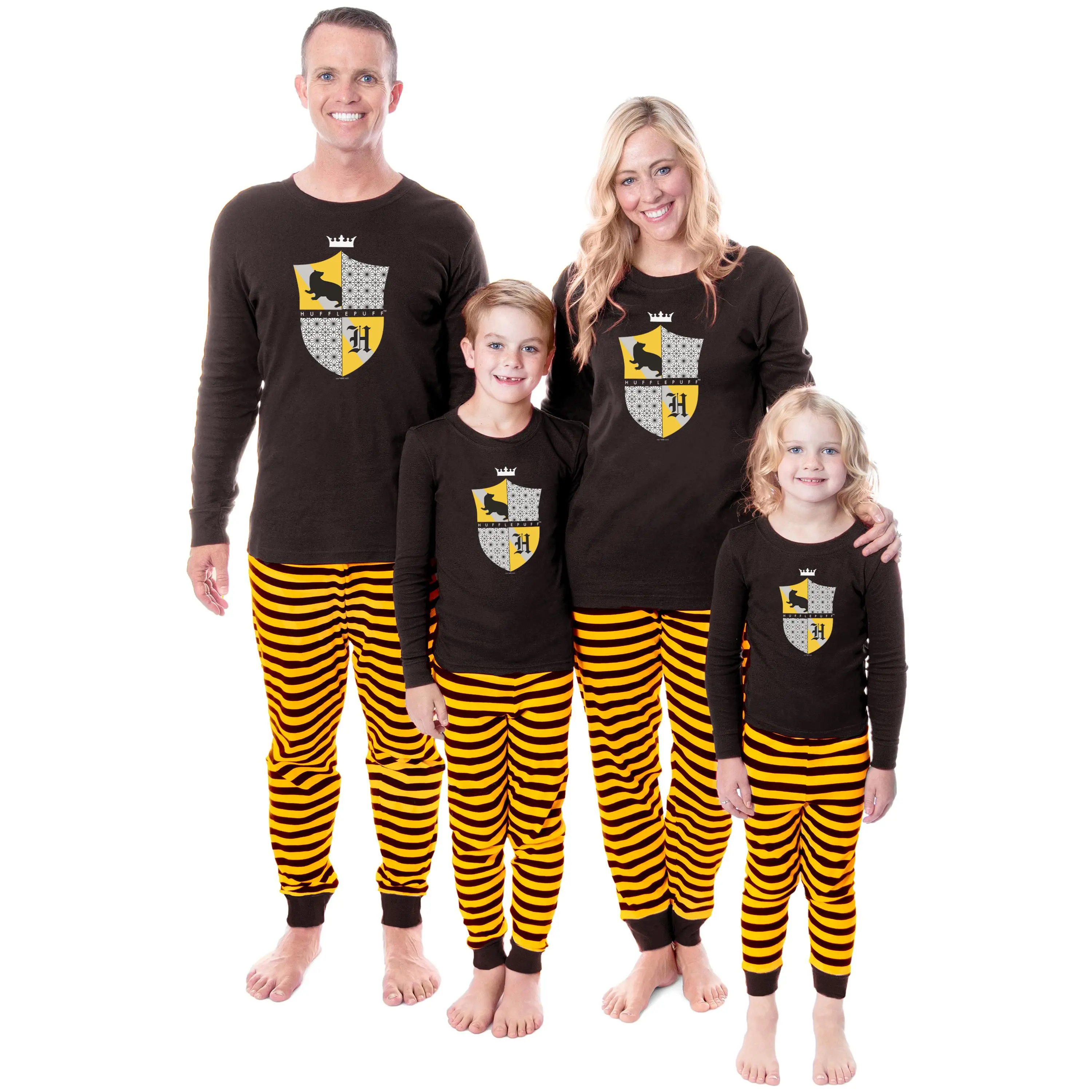 Warner Bros Harry Potter Pajama Set, Unisex Family 2-Piece Tight-Fit 100% Cotton Clothes with Coat of Arms and Stripe Pants, Comic Style Sleepwear, Everyday, Long Sleeve, Nightwear, Fabric, Apparel