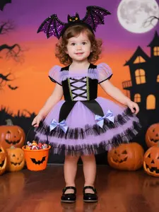 （Only dress ）Halloween Mesh Dress Kids Cartoon Kurumi Short Sleeve Party Gown Lolita Princess Costume All Seasons Fitted Style