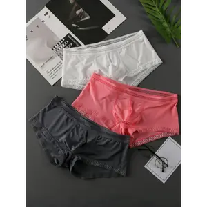 3pcs Men's Sexy Semi-Sheer Lace Boxer Briefs - Breathable & Stretchy Nylon/Spandex Blend, Machine Washable - Assorted Colors with Elastic Waistband