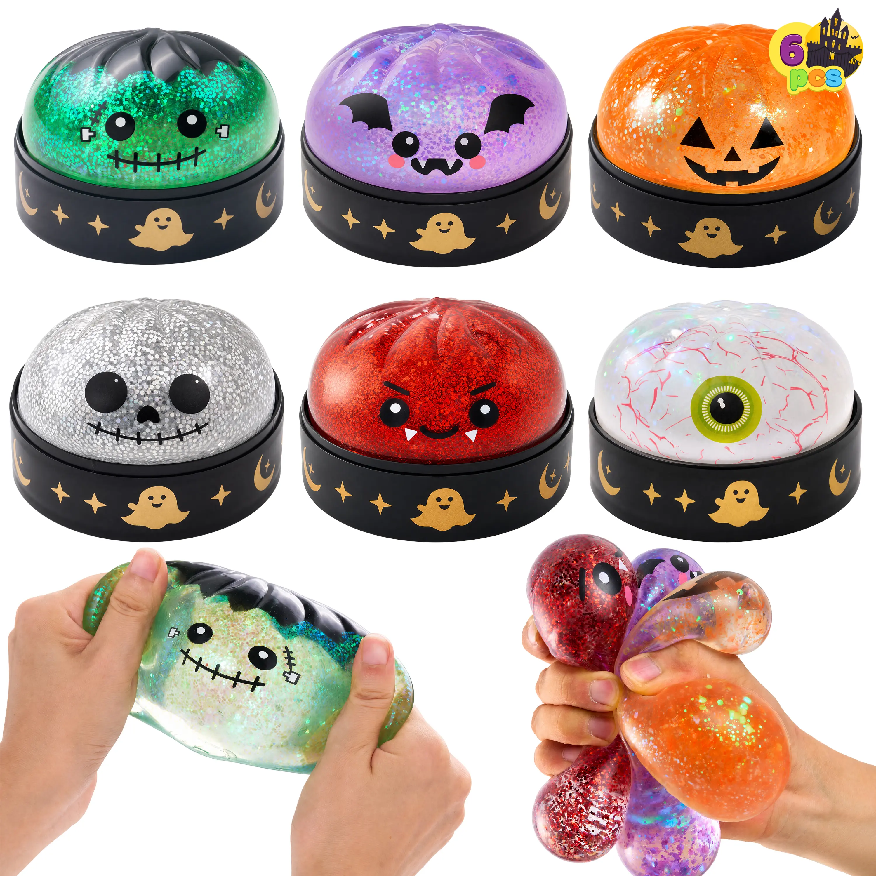 Halloween Dumpling Stress Relief Toys, 1pcs/3pcs/6pcs with Steamer Storage Boxes,Slow‑rebound maltose squishy toys, ideal for Halloween party gifts, featuring grimace pumpkin and little devil designs