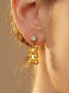 Stainless Steel Bear Earrings Plated, Daily Wear Jewelry, Rhinestone Embellished, Versatile Accessory for Women