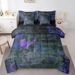 Abstract Watercolor Bed in a Bag Comforter Set,7 Piece,Exotic Farmhouse Purple Teal Pastel Bedding Set,for Boys Men Vintage Batik Aesthetic Sheet Set with Comforter