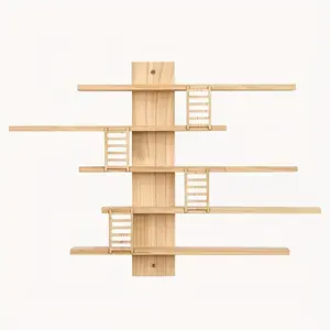 5-Tier Wooden Display Shelf - Vintage European Style Wall-Mounted Storage Rack with Ladder and Hooks, Perfect for Home & Office Decor, Multi-Purpose Organizer for Statues and Models | Rustic Wood Structure, Floating Shelf for Ornamental Items