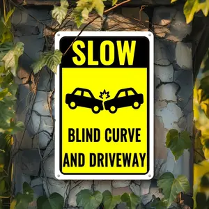 1pc 11.9x7.9 Inch Aluminum SLOW Warning Sign - Blind Curve & Driveway Alert, UV Printed Weather-Resistant Wall-Mounted Safety Plaque, American Style Indoor/Outdoor Decorative Sign for Home, Office, Garage, Clear Visibility Sign