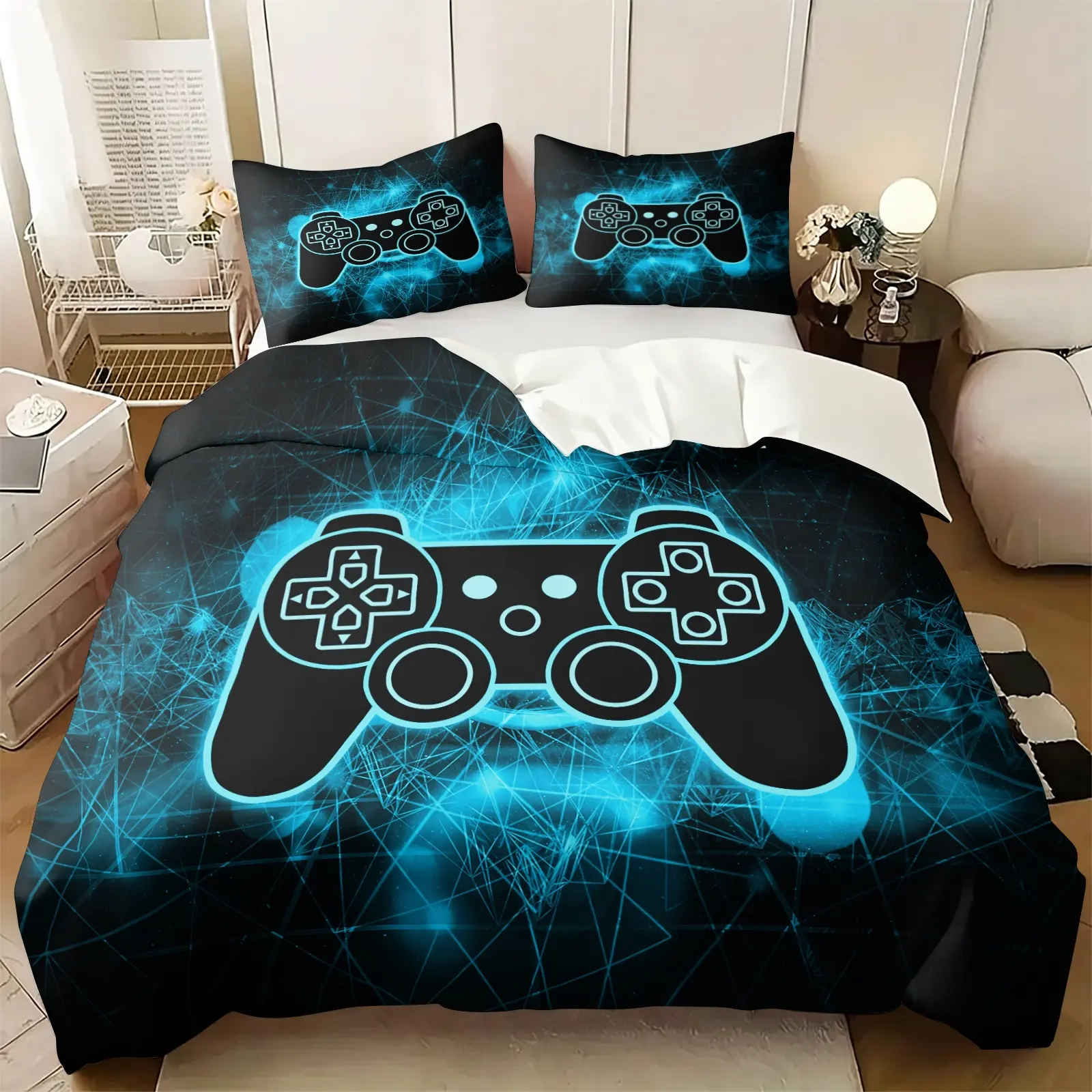 Neon Cyber Blue Controller Complete E-sports Duvet Cover Set, Includes 1 or 2 Pillowcases, Stunning Light Effect Print, Breathable Pill-resistant Fabric, Viral Decor For Gaming Streamers Room & Teen Boys Bedroom