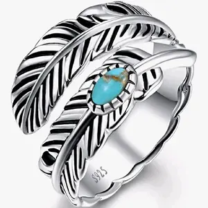 Sterling Silver Feather Ring with Black Onyx & Turquoise - Adjustable Stacking Vintage Statement Ring for Women & Men