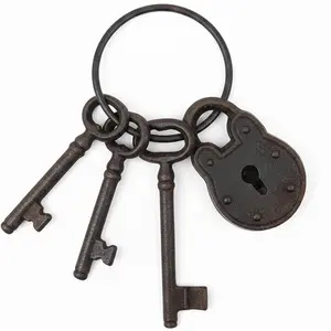 4 count  Cast Iron Key Set with Ring, Antique Style  with Lock, Rustic Metal  for Halloween, Pirate Accessories,  Decor, DIY Crafts, Photography Props, and Collectibles