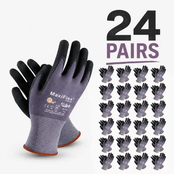24 Pairs MaxiFlex PIP Gloves Pack of 12 Pairs | Work Gloves, Maxi Flex Ultimate Foam Nitrile Palm Coated Cleaning Breathable