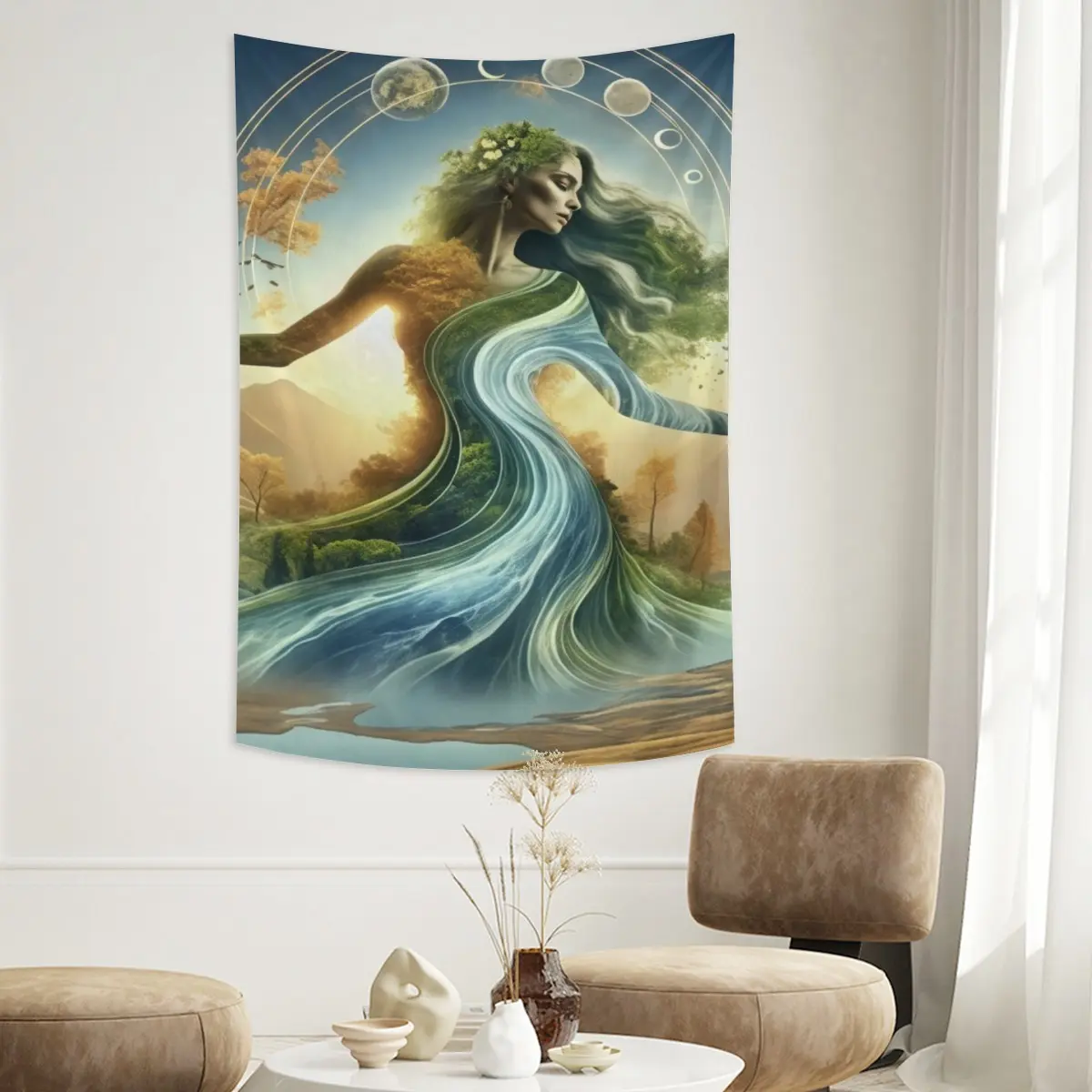 Surreal Mother Earth Goddess Nylon Knit Tapestry Wall Decor - Geometric Modern Indoor Boho Hippie Crescent Moon Wall Hanging, Spiritual Aesthetic Machine Washable Easy-to-Hang for Bedroom, Birthday Gift Option
