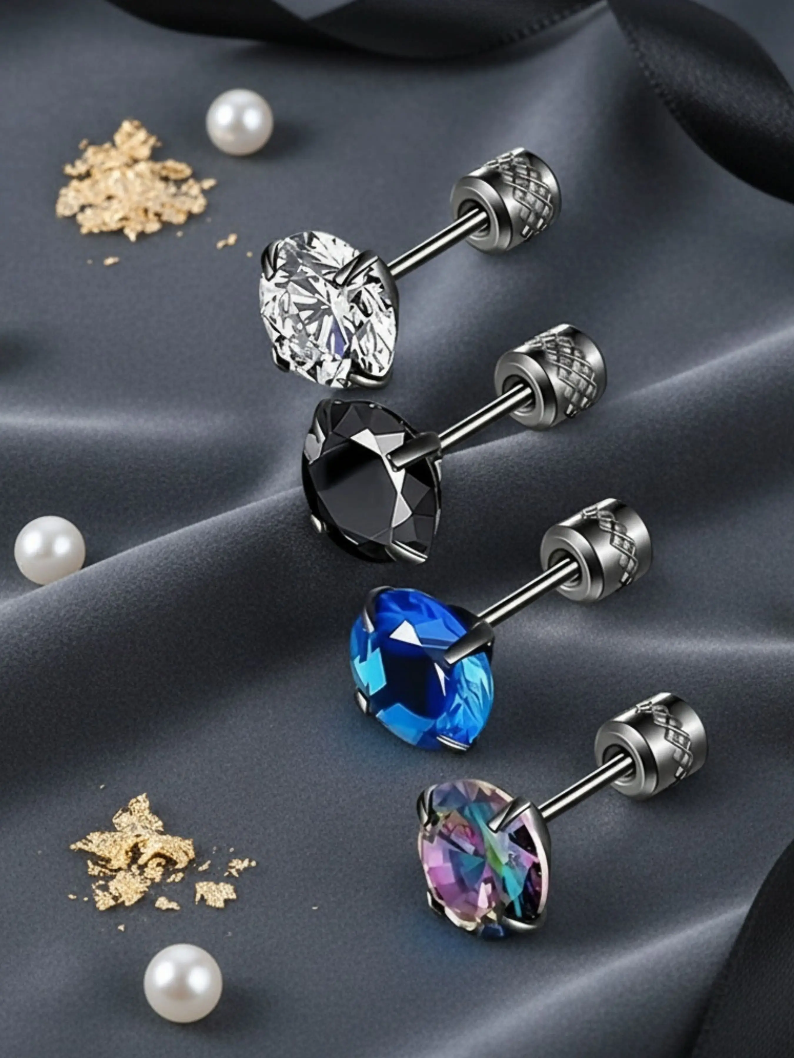 Hip-Hop Punk Style, Stud Earring Jewelry, Trendy Jewelry, Sparkling Ear Jewelry, Stainless Steel & Synthetic Zirconia Material, Set of 4 Pcs, Stud Earring Sets, Unisex Design for Everyday Use