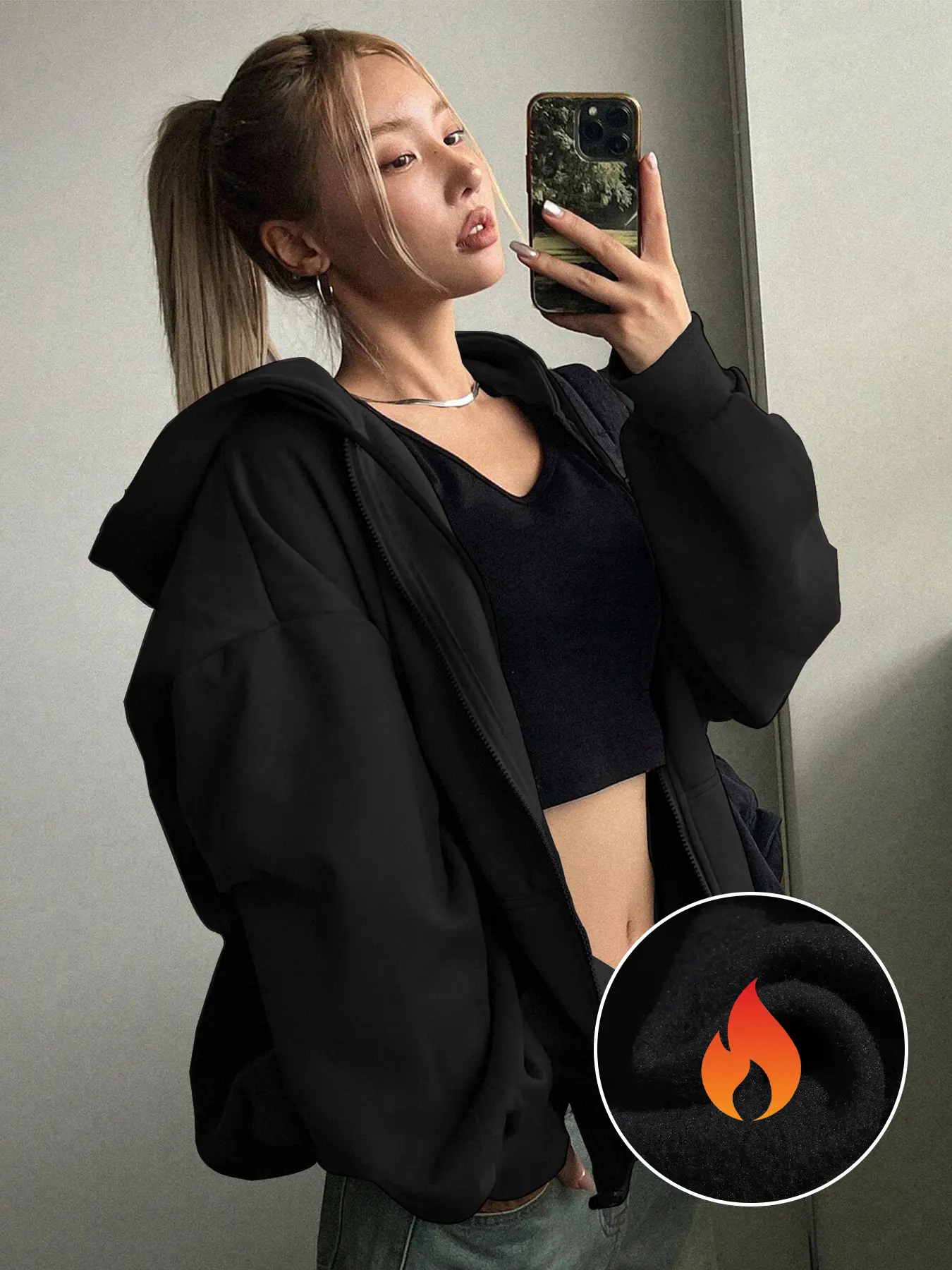 Women's Loose Fit Solid Color Zipper Hoodie Jacket, Hooded Drawstring, Casual Streetwear Hoodie, Casual Basic Style Long Sleeve Adjustable Drawstring Hoodie Design, Lightweight Pocket Sweatshirt for Daily Wear Hoodie Top