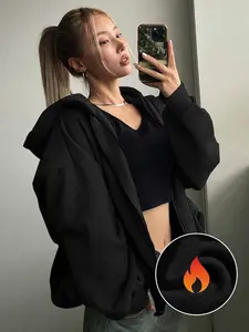 Women's Loose Fit Solid Color Zipper Hoodie Jacket, Casual Basic Style Long Sleeve Drawstring Design, Lightweight Pocket Sweatshirt for Daily Wear