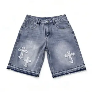 Sopula Studio Men's Vintage Hiphop Cross Appliqué Rhinestone Jorts Denim Shorts SpringStatements Ripped Jeans Ripped Straight Leg