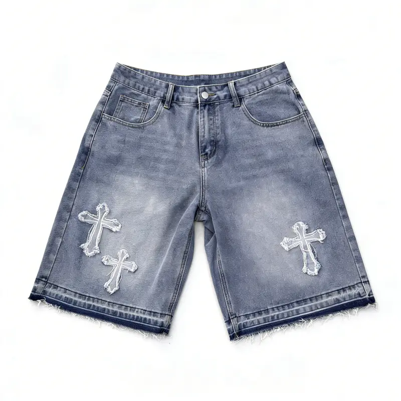 Sopula Studio Men's Wide Vintage Cross-Hiphop Patch Baggy Denim Jorts, Menswear Bottoms, Streetwear Apparel