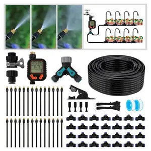 Garden Drip Irrigation Kit 100ft with 360? Adjustable Universal Nozzle, Misting Sprinkler for Patio &  Watering, Includes Faucet Separator and Hose Adapter (Closeable nozzle-28)